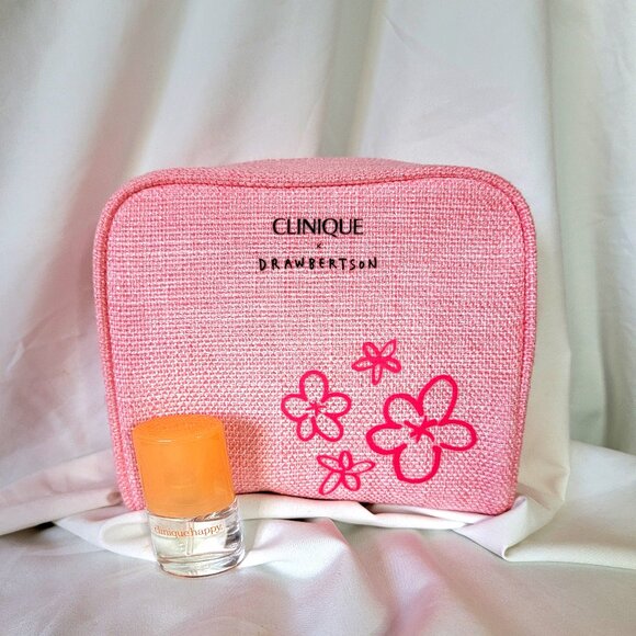 Clinique x Drawbertson Pink Cosmetic Makeup Bag, NWOT Flower Pouch, + Purfume - Picture 1 of 2